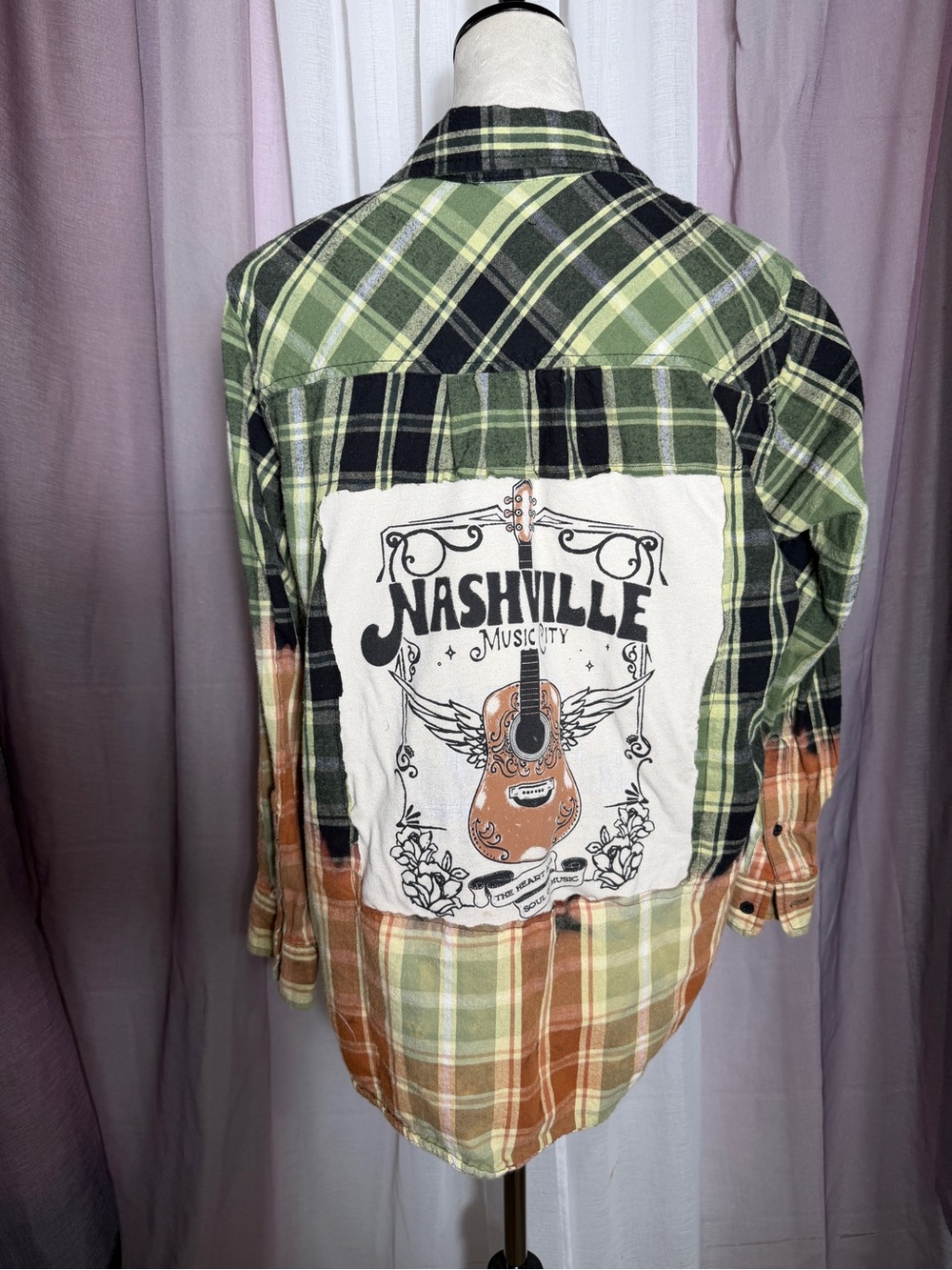 Nashville Music City Plaid Patchback up-cycled Flannel Shirt